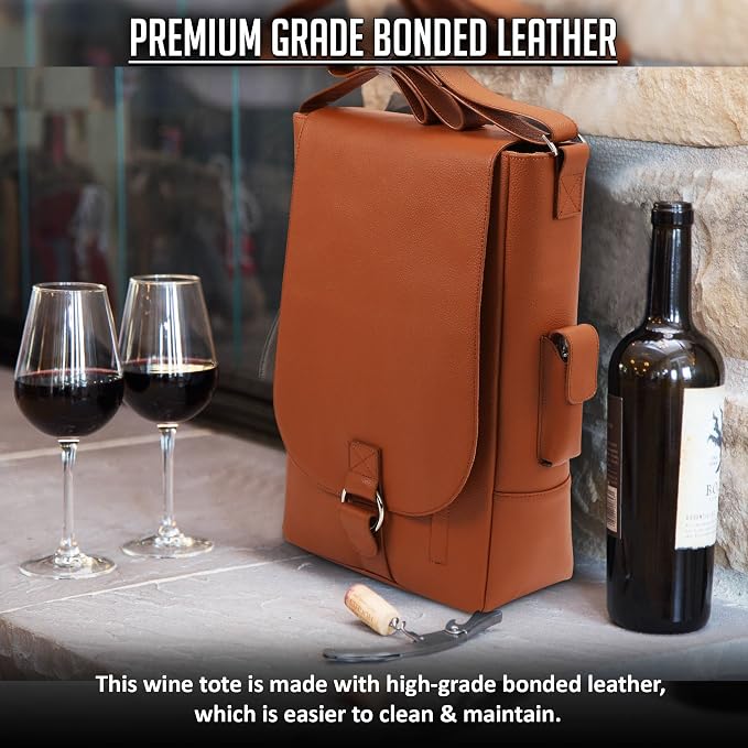 Vino2 Two Bottles Saddle Leather Wine Tote Messenger Carrier (Brown)