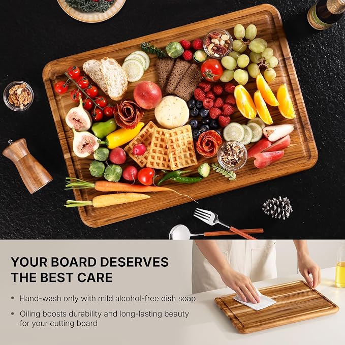 Teak Cutting Boards for Kitchen 4 Pack Wooden Wood Chopping Board Non Toxic | Heavy Duty, Non Toxic Slip, Solid Thick, Wood Haus Chopping Board, Extra Large Big Small, Meat Best, Wooden Charcuterie Board