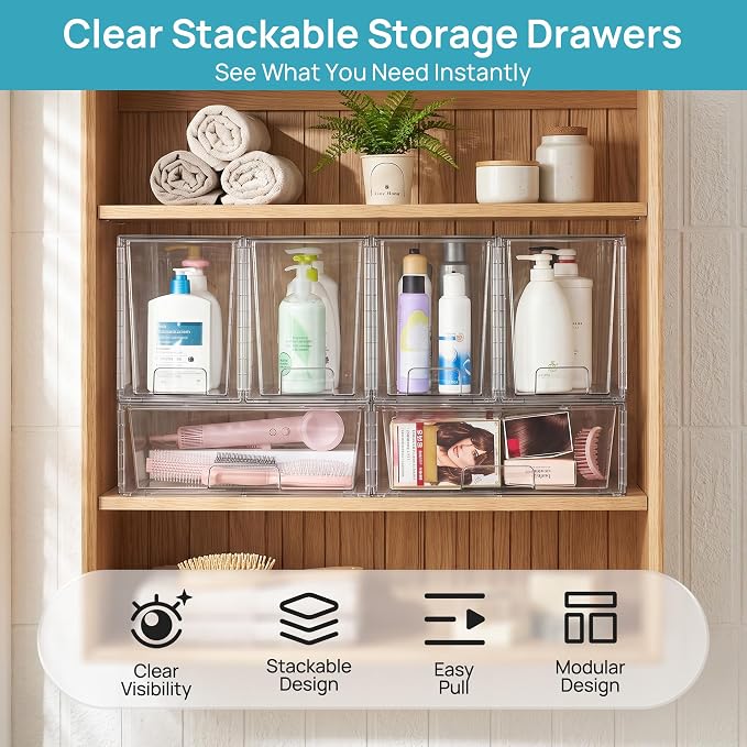 Vtopmart 6 Pack Stackable Storage Drawers, Easily Assemble Clear Plastic Organizer Bins, 2 Wide Drawers and 4 High Drawers for Under Sink, Pantry, Kitchen Cabinet, Bathroom Organization and Storage