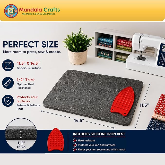 Mandala Crafts 11.5×14.5 in 100% New Zealand Wool Pressing Mat Ironing Pad | Portable, Thick, with Iron Rest, Heat Resistant, Thick, Board Alternative, for Sewing, Quilting, Embroidery, Any Surface