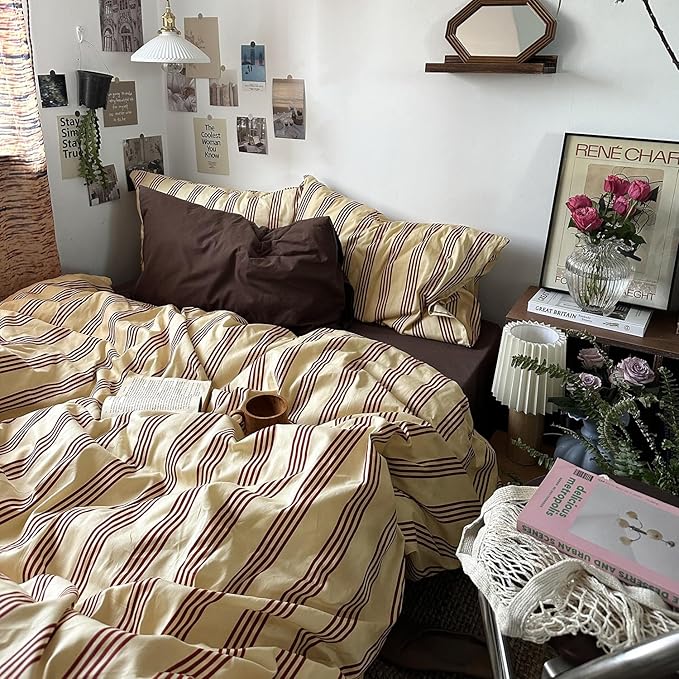 mixinni Retro Striped Duvet Cover Set - 100% Natural Cotton 3-Piece Vintage Red Stripes Pattern Printed Bedding Set, Soft Breathable Comforter Cover with Zipper Closure & Corner Ties, Twin XL Size