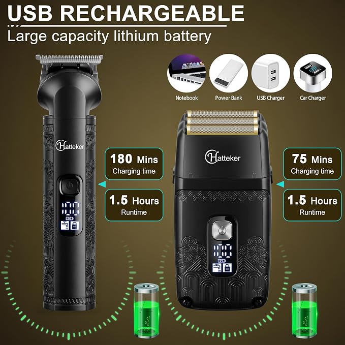 Hatteker Professional Hair Clipper Electric Razor Foil Shavers for Men Body Nose Ear Hair Grooming Kit with Triple Blades Cordless Waterproof