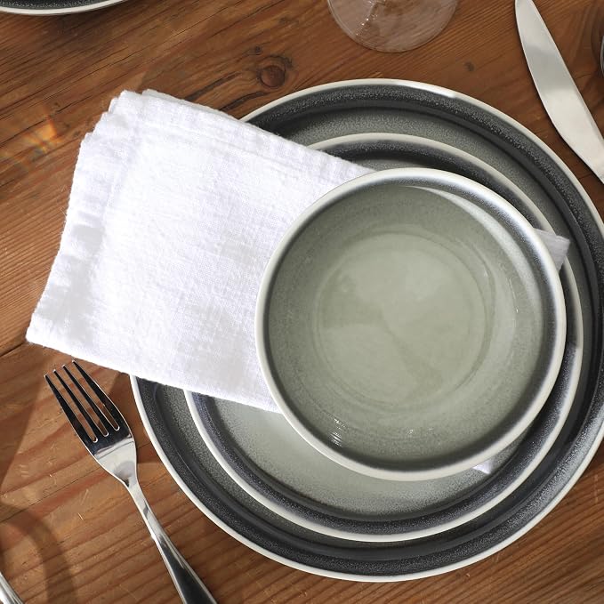 Gibson Elite Island Bay 12-Piece New Bone China Dinnerware Set Service for 4, Reactive Glaze Plates and Bowls, Dishwasher and Microwave Safe, Black and Cream
