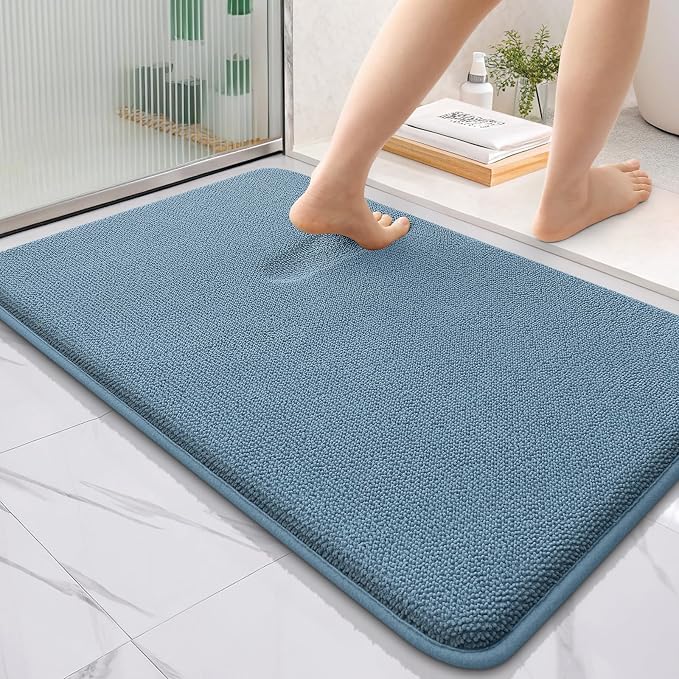 OLANLY Thick Memory Foam Bathroom Rugs 36x24, Absorbent Bath Mat, Airy Blue | Soft Quick Dry Bath Rugs Mats, Non-Slip, Machine Washable Carpet for Bathroom Floor, Tub and Shower, Home Decor Accessories