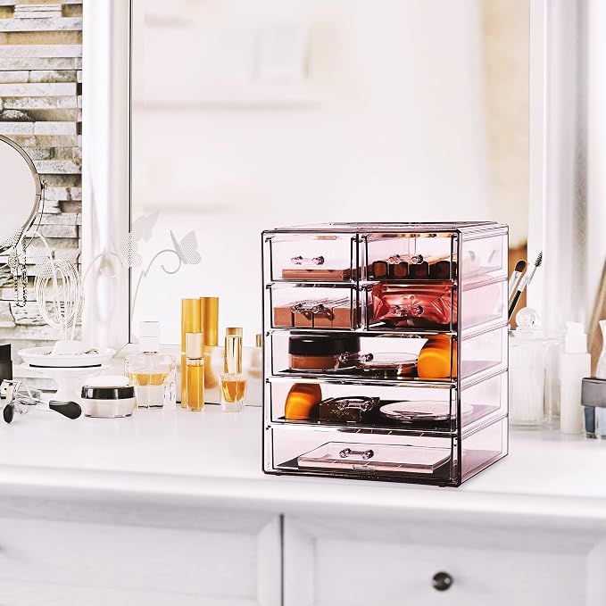 Sorbus Acrylic Makeup Organizer Set, 7-Drawer Vanity & Countertop Cosmetic Storage with Small & Wide Drawers, Purple Makeup Storage for Brushes, Lipsticks, Jewelry – Holiday Gift for Women & Teens