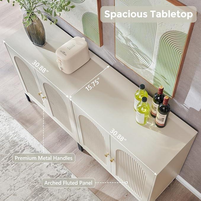 IFGET 61.75" W Modern Arched Sideboard Buffet Cabinet with Storage, Cream | Fluted Arch Sideboard Cabinet w/Adjustable Shelves, Wooden Modular Kitchen Cabinet for Dining& Living Room, Kitchen, Entryway