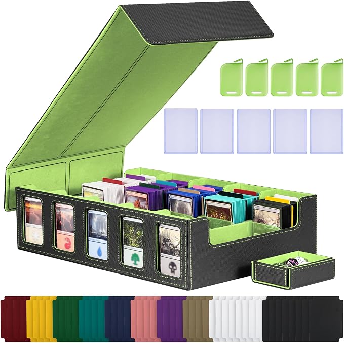 Kabinka Card Storage Box with Commander Display, 5-Row Deck Case with Removable Lid; 3900+ Card Deck Box for MTG Sports Cards, 5 Top Loaders, 5 Stoppers, 48 Dividers,1 Dice Tray (Black & Lemon Green)
