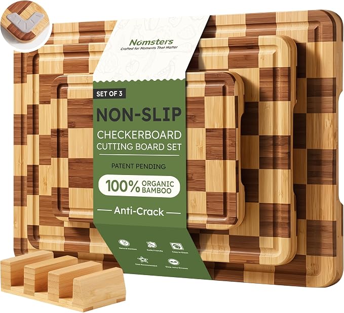 3 Pack Bamboo Cutting Board Set Checkered Wooden Cutting Board for Kitchen Non Toxic Charcuterie Board Serving Non Slip End Grain Wood Chopping Board for Meat Fruit Cheese Kitchen Housewarming Gift