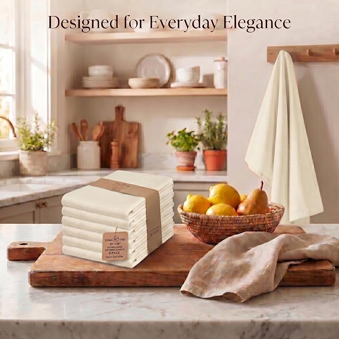 Urban Villa Kitchen Towels Cotton Dish Towels 20”x30” (Set of 6) Ivory