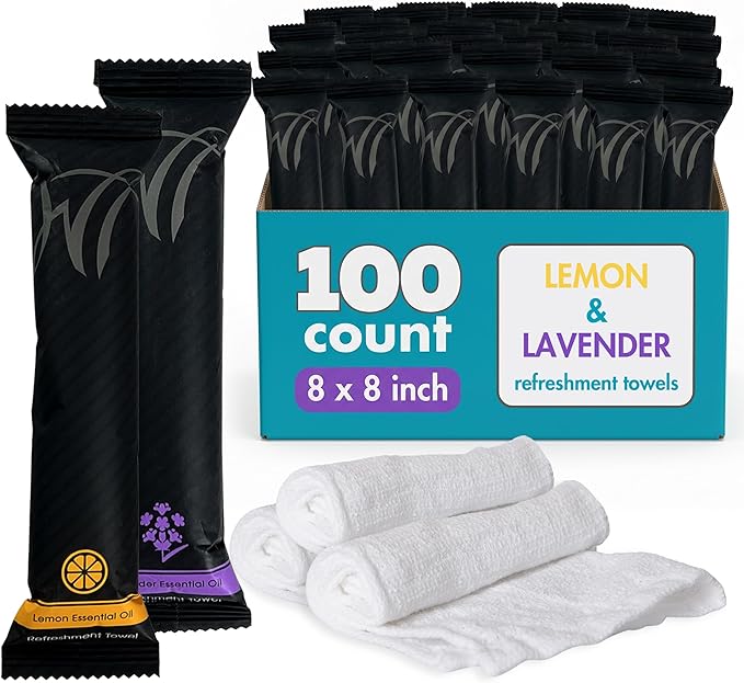 White Towel Services 8" x 8" inch Moist Cotton Towel Individually Wrapped - Lemon and Lavender (Case of 100) - Single-Use Oshibori Style Cotton Hospitality Towels