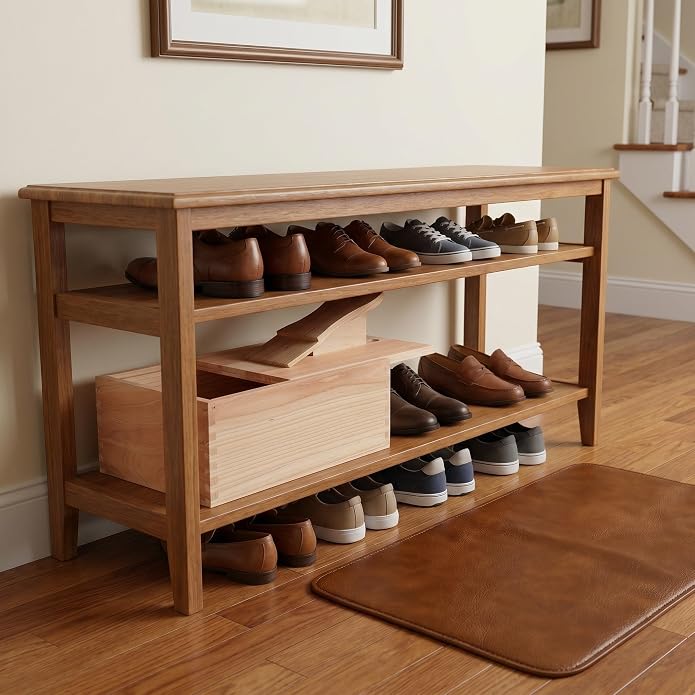 Healifty Wood Shoe Polish Storage Box with Compartments and Foot Rest, Space-saving Organizer Made of Wood, Easy Access Shoe Shine Kit Box for Office and Commercial Environments,