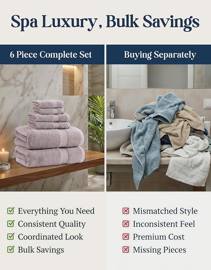 LANE LINEN Towel Set Quick Dry 100% Cotton 6 Piece Soft - Platinum | Cotton Bath Towel Set - Ring-Spun Durability, Ring-Spun Cotton, Terry Weave Comfort, Long-Lasting Comfort, Hotel-Style Look