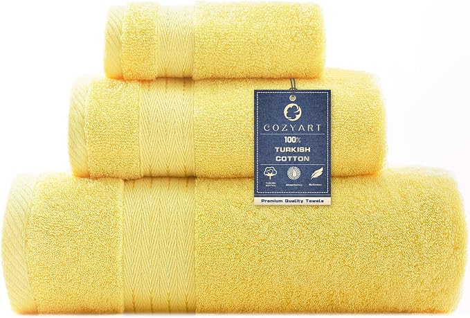 COZYART Luxury Bath Towel Set 3 PCS, Yellow 100% Turkish Cotton 650 GSM | OEKO-Tex 100 Certified Zero Twist Ring Spun, Soft Absorbent Quick Dry, Plush Fluffy, Breathable Hotel Quality for Daily Use