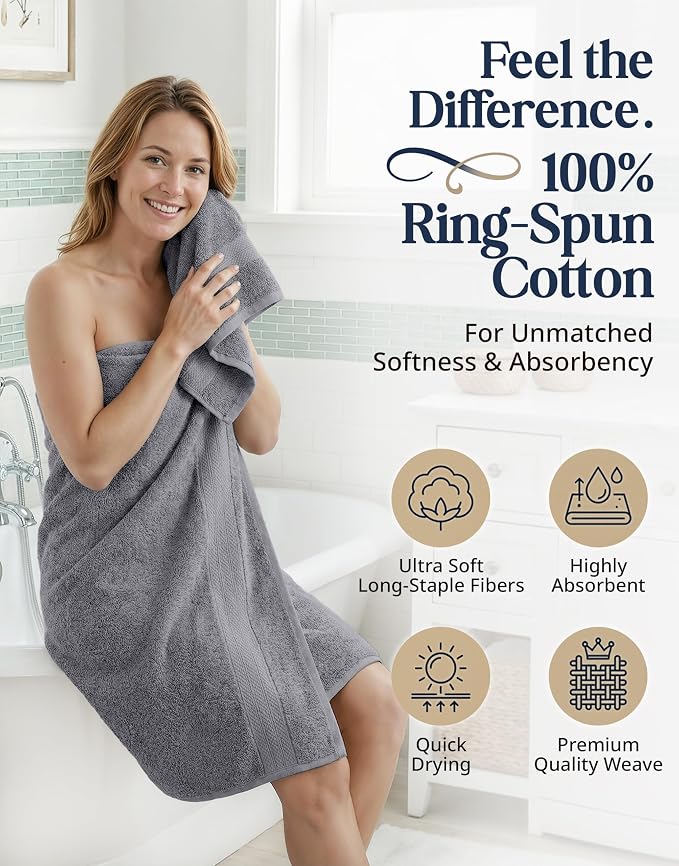 LANE LINEN Towel Set for Bathroom Soft Absorbent Quick Dry - Cool Grey | Set Of Towels - Dobby Border Accent, OEKO-TEX Certified, Ring-Spun Durability, Ring-Spun Cotton, Terry Weave Comfort