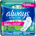 Always Ultra Thin Feminine Pads with Wings for Women, Size 2, Long Super Absorbency, Unscented, Up to 100% Leak-Free Protection, 58 Count