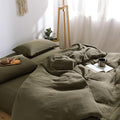 mixinni Olive Green Waffle Weave Duvet Cover Set Queen, 3-Piece 100% Natural Washed Cotton Triple-Layer Gauze Solid Bedding Set, Soft Breathable Minimalist Comforter Cover with Zipper & Ties-Queen