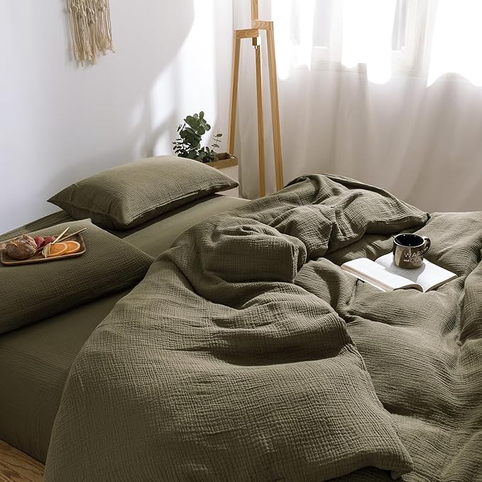 mixinni Olive Green Waffle Weave Duvet Cover Set King, 3-Piece 100% Natural Washed Cotton Triple-Layer Gauze Solid Bedding Set, Soft Breathable Minimalist Comforter Cover with Zipper & Ties-King