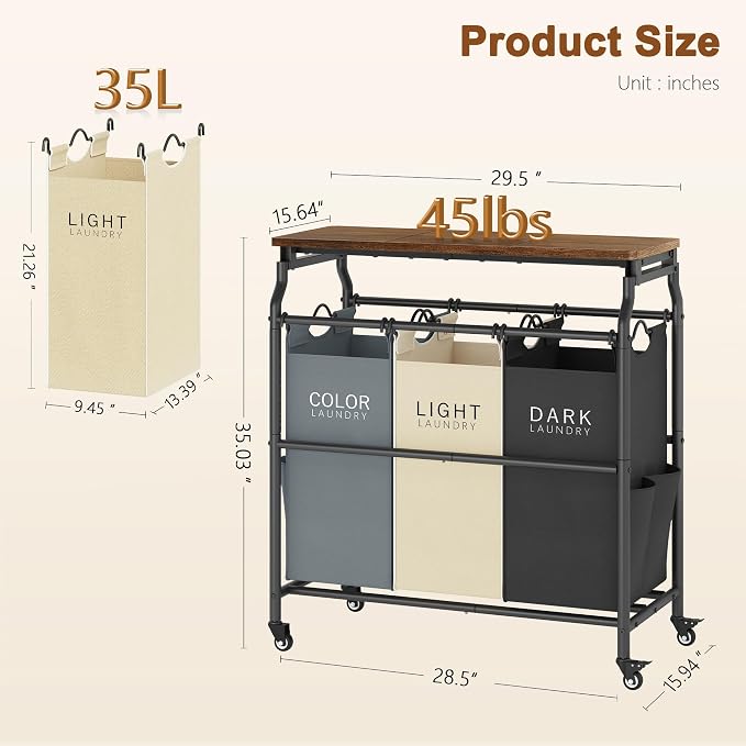 Hoctieon 3 Section Laundry Sorter with Iorning Board, Hamper with Wheels | Black+Gray+Beige,Lockable Wheels, Laundry Basket Organizer, Heavy Duty Clothes Separator, Removable Bags,Rolling Laundry Cart