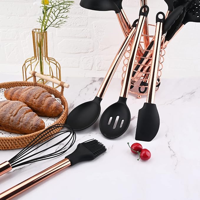 Silicone Cooking Utensil Set with Measuring Cup Spoon, 16 Pcs Non-stick Kitchen Utensil, Heat Resistant Cookware, Silicone Kitchen Tools Gift with Rose Gold Stainless Steel Handle