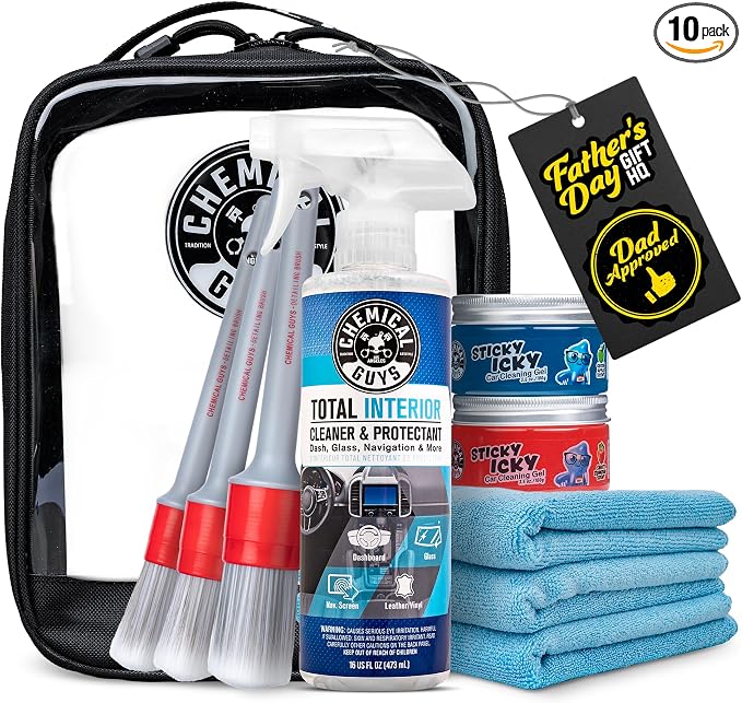 Chemical Guys Interior Cleaning Kit with Storage Bag Total Interior Cleaner Microfiber Towels Detailing Brushes and Sticky Gel Giftable Car Care Set - 10 Items