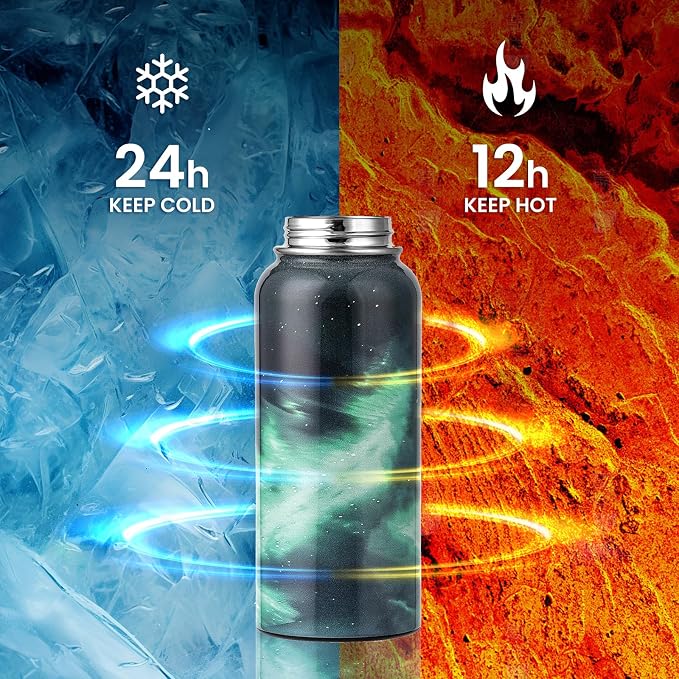 RAYMYLO Insulated Water Bottle 32 oz, Triple Wall Vacuum Stainless Steel (Cold for 24Hrs, Hot for 12Hrs), Leak Proof & Non-BPA, Modern Water Flask Jug with Paracord Handle & Straw Spout Lids