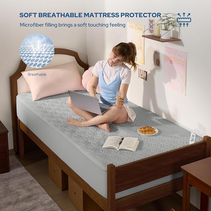 BEDLORE Waterproof Mattress Protector, Twin XL Size Mattress Pad with Deep Pocket 6"-15" Depth, Soft Dirt-Proof Double Bed Mattress Cover for Bedroom, College Dorm, Hotel (Light Gray)