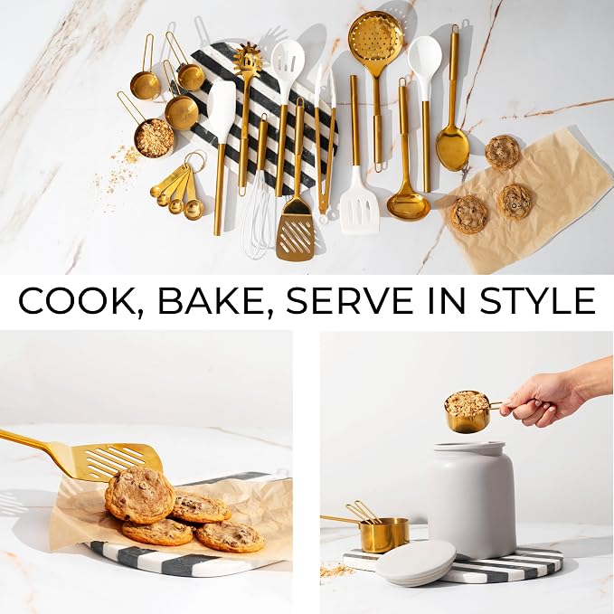 Gold Kitchen Utensils Set - 19-Piece Set Includes Stainless Steel Gold Utensils, White Silicone Tools, and Measuring Cups and Spoons - Luxury Kitchen Accessories for Modern Cooking, Serving, & Gifting