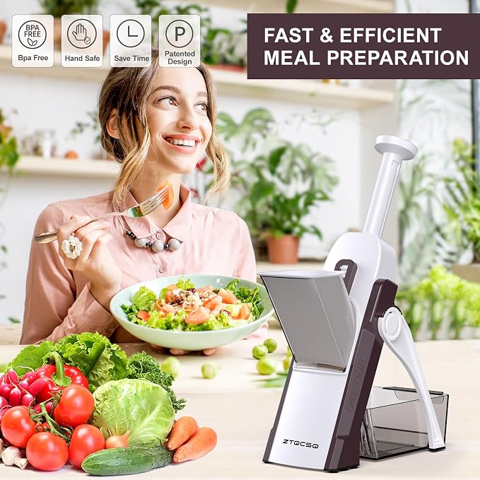 Safe Mandoline Slicer for Kitchen, Safe Vegetable Chopper with Paring Knife, Adjustable Thickness, Easy to Clean, Vegetable Slicer, Slicing, Strips, Shredding, Dicing, Chop (Brown)