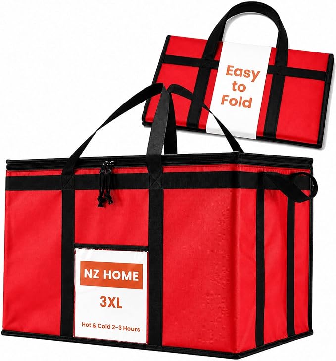 Insulated Food Bag, Portable Cooler Tote (3XL, Red, 1 Pack) | Large thermal bag, For cold & hot food, Soft sided cooler, Heavy duty carrier, Grocery shopping, Food delivery, Catering bag