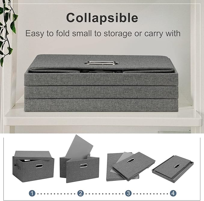 Graciadeco Medium 15" 21 Quart Collapsible Stackable Storage Bins with Lids, 5 Packs Grey Foldable Fabric Closet Boxes Heavy-duty Linen Cube Baskets Container for Bedroom Office (15 x 11 x 8)