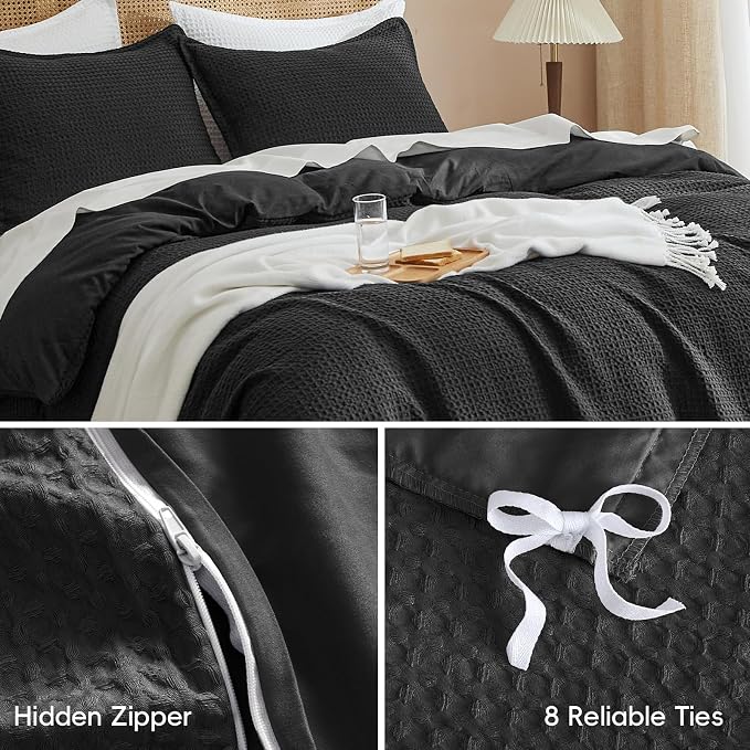 PHF Waffle Weave Duvet Cover Set California King, No Snagging Ultra Soft Luxury Textured Breathable Comforter Cover for All Season 3pcs, Durable Bedding Duvet Set with 2 Pillow Shams, 104"x98", Black