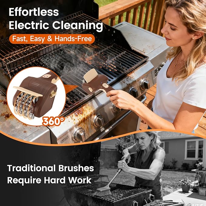 Electric Grill Brush, Cordless Rechargeable BBQ Cleaner with 700 RPM High-Torque Rotary Power, Bristle-Free Stainless Steel Mesh Head, Detachable Dishwasher-Safe Grill Scrubber for Outdoor Barbecue