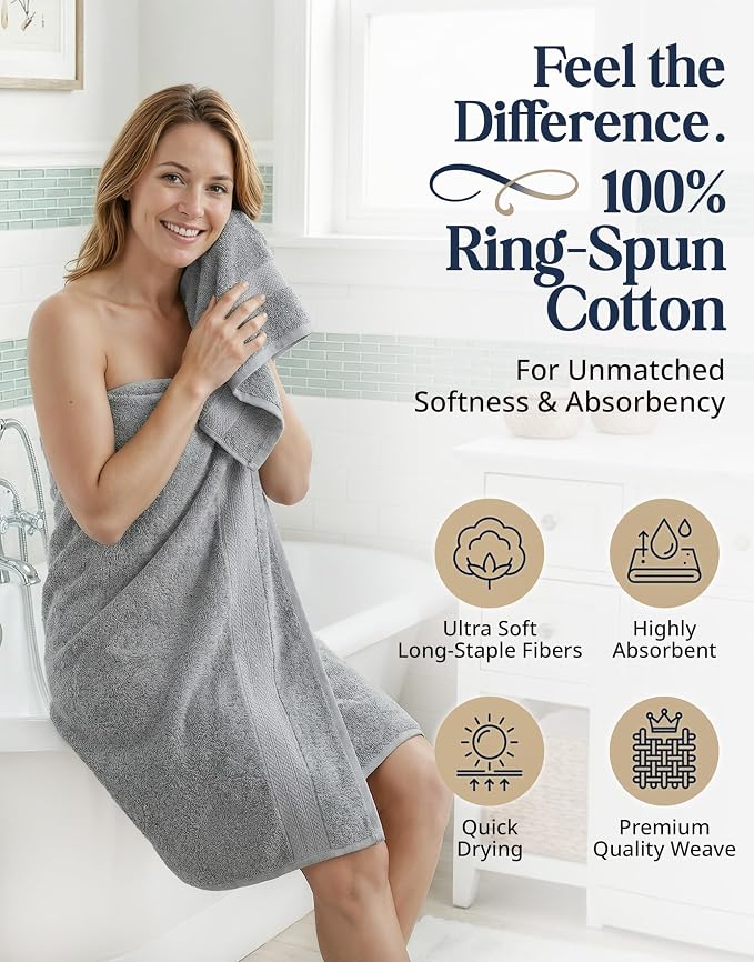 LANE LINEN Towel Set Soft Absorbent Quick Dry 100% Cotton 16 Piece - Grey | Cotton Bath Towels - Lightweight & Breathable, Fade-Resistant Color, Classic Terry Weave, Densely Woven & Durable