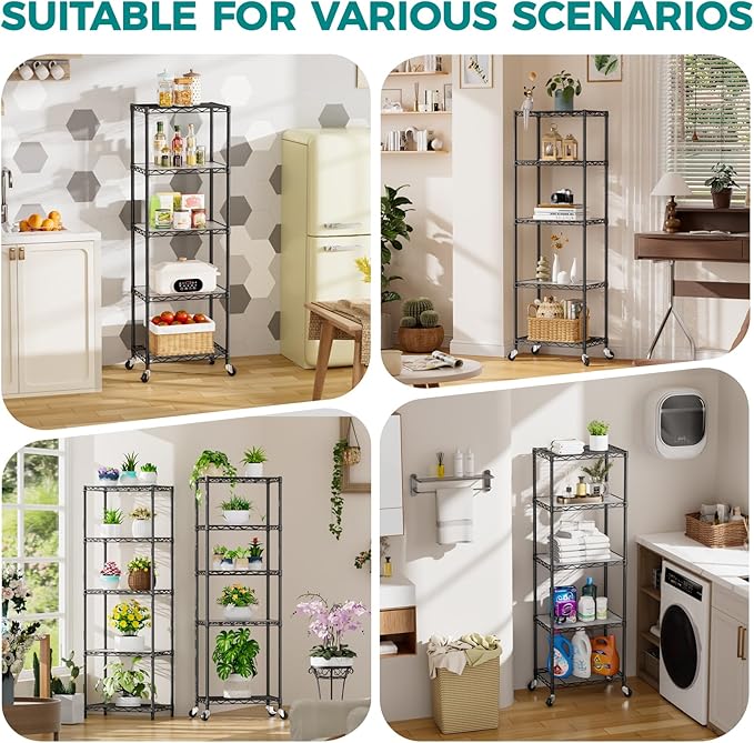 SINGAYE 5 Shelves Storage Shelf Wire Shelving Unit Metal Adjustable Wheels | Small Shelf Storage with Wheels Organizers Closet Unit for Bathroom Laundry Room Kitchen Pantry11.5D x 17.5W x 57H Black