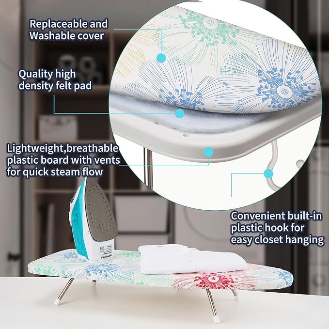 Tabletop Ironing Board 12"x29" – Portable Folding Ironing Board with Thick Felt Padding, Heat-Resistant Cover, Stainless Steel Legs, Compact & Space-Saving Design (Color Floral)