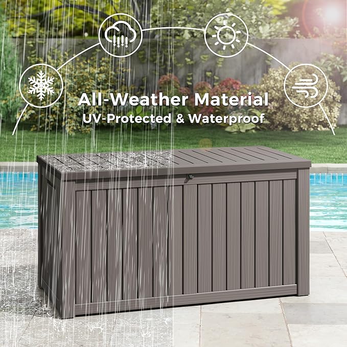 Outdoor Storage Box, 180 Gallon Large Outdoor Resin Deck Box, Storage Waterproof Boxes Lockable Lid for Garden Tools, Pool Supplies, Patio Furniture and Cushions, Grey