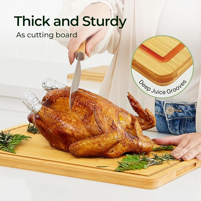 Keechee Natural Bamboo Cutting Board for Kitchen, XL Carving Board | Deep juice grooves, built-in handles, heavy duty large wood block for meat and vegetables
