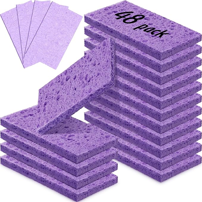 Zhengmy 48 Pieces Sponges Bulk Sponges Kitchen Compressed Sponge Natural Dish Sponge Compressed Wood Pulp Cleaning Without Scratching for Kitchen Bathroom, 3.9 x 2.4 x 0.12 Inch (Purple)
