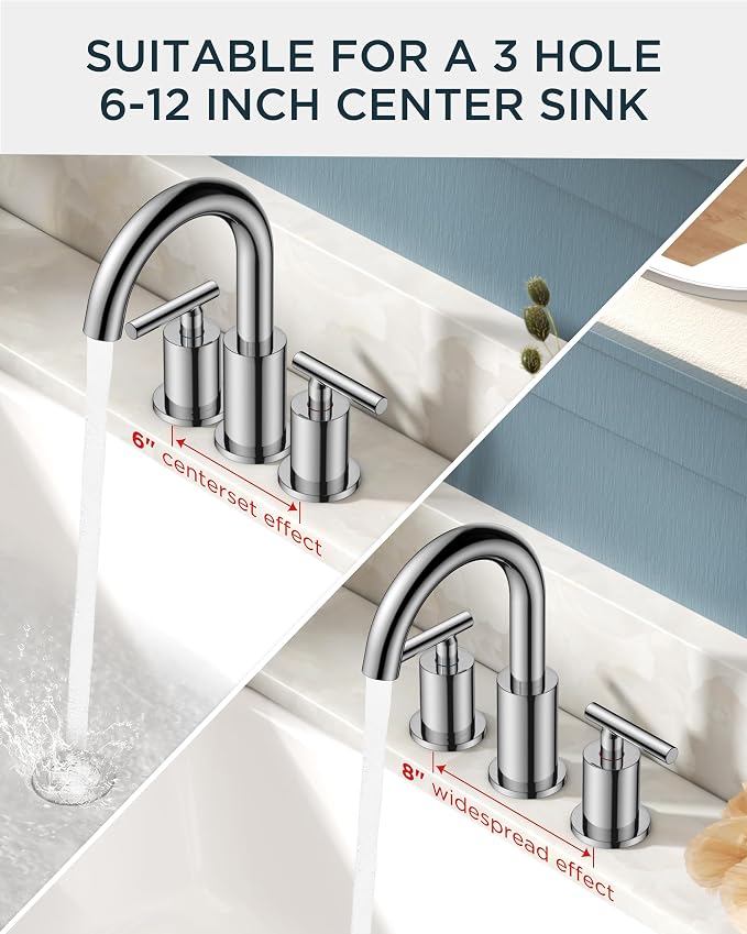 FORIOUS Chrome Bathroom Faucet 3 Hole, 8 Inch Widespread Bathroom Sink Faucet Polished Chrome 6 in with Metal Pop Up Drain and 24" Supply Line, 360 Degree Swivel Gooseneck for 3 Hole Vanity Sink RV