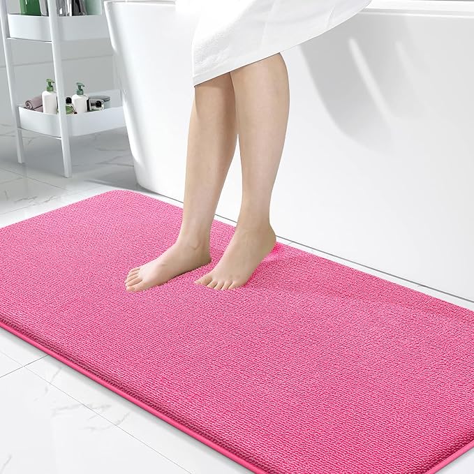 OLANLY Memory Foam Bathroom Runner Rugs 47x24, Absorbent Long Mat, Hot Pink | Soft Quick Dry Bath Mat Rugs, Non-Slip, Machine Washable Mat for Bathroom Floor, Tub and Shower, Home Decor Accessories