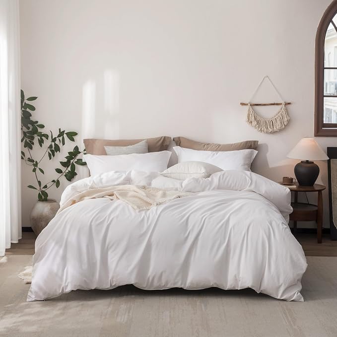 Linen Feel Duvet Cover King Size 104inch x 90inch,100% Washed Cotton Duvet Cover with Zipper Closure and 2 Pillowcases, Color of Bright White