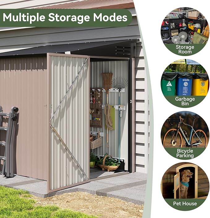 Aoxun 4x6 FT Lean to Shed Outdoor Storage Shed, Brown | Lockable Doors & Slooping Roof, Metal Garden Tool Shed for Backyard, Bike Shed for Patio, Poolside