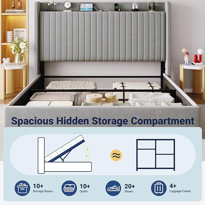Allewie King Lift Up Storage Hydraulic Bed Frame,Charging Station,Grey | Storage Shelf Headboard with Charging Station,Type-C,USB Ports,Hydraulic Support,Velvet Upholstered,No Box Spring Needed