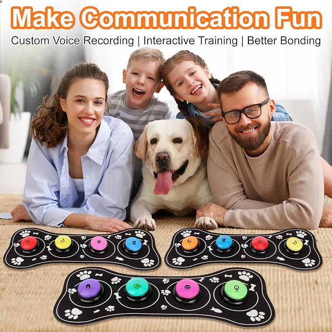 Dog Buttons for Communication,12 Pcs Talking Button Set with 30s Recordable Voice Pet Training Buzzers with 3 Mats & 2 Stickers, Talking Buttons for Dogs & Cats (Batteries Not Included)