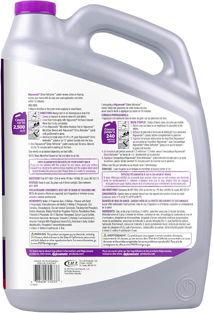 Rejuvenate Shine Refresher Floor Polish Covers Smudges, Protects And Boosts Shine On Sealed Hardwood, Laminate, Vinyl And Tile, 1 Gallon