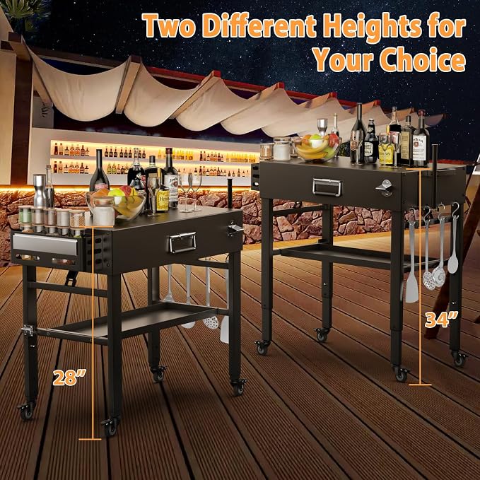 Quick-Fold Grill Cart for Ninja Woodfire & Blackstone | 28/34 in height,4 locking wheels,fits to griddles,pizza ovens and tabletop grills