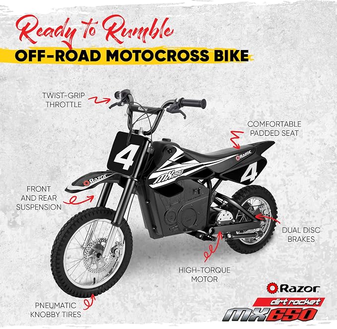 Razor MX650 Dirt Rocket Bike Electric Ride-On for Ages 16+, 220 lb Max Weight, Black – 36V Battery, Up to 17 Mph, 40-Min Run Time, Twist-Grip Throttle, 16” Front and 14” Rear Pneumatic Tires