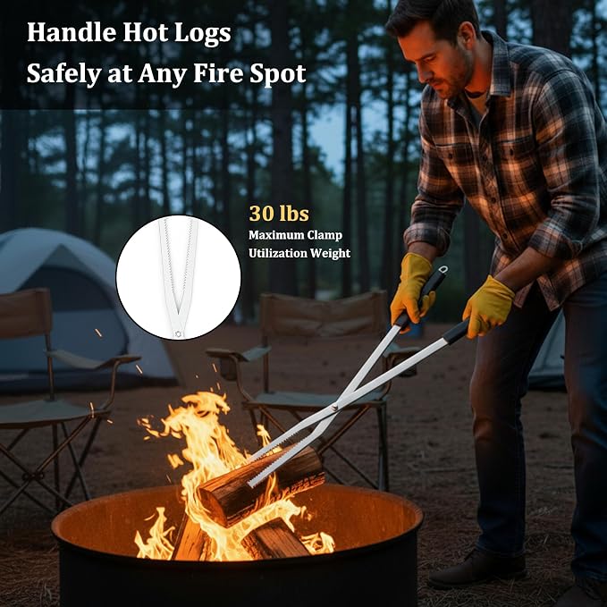 MOOFI Heavy Duty Fire Tong & Poker Set, Firewood Grabber 27.7" Long-Handle Carbon Steel Log with Serrated Grip Tong, Tools Sets For Fire Pit, Fireplace, Wood Stoves, Campfires, Bonfires & BBQ Grills