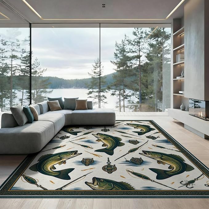 8'x10' Washable Area Rug Bass Lake Lure Tackle Reel Motif Border Angler Hook Fish Fishing Refined for King Size Bedroom, Master Suite, Under Bed, Foldable Easy Care
