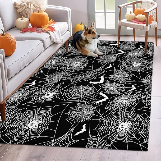 3 x 5 Ft Area Rug for Reading Room. Halloween Indoor Accent Rugs for Living Room, Black Scary White Bat Animal Net Geometric Decorative Modern Carpet Washable Low Pile Non Slip Rug for Bedroom